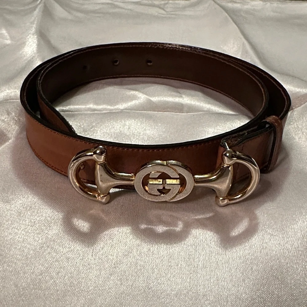 Vintage Gucci Brown Leather Belt with Gold Buckle - Picture 1 of 4